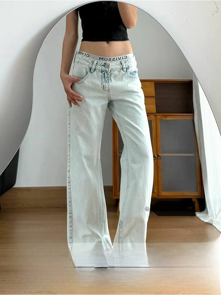 

Женские джинсы с низкой талией светло-голубого цвета в американском стиле, весенне-летние свободные брюки длиной до пола, широкие брюки с застежкой-молнией