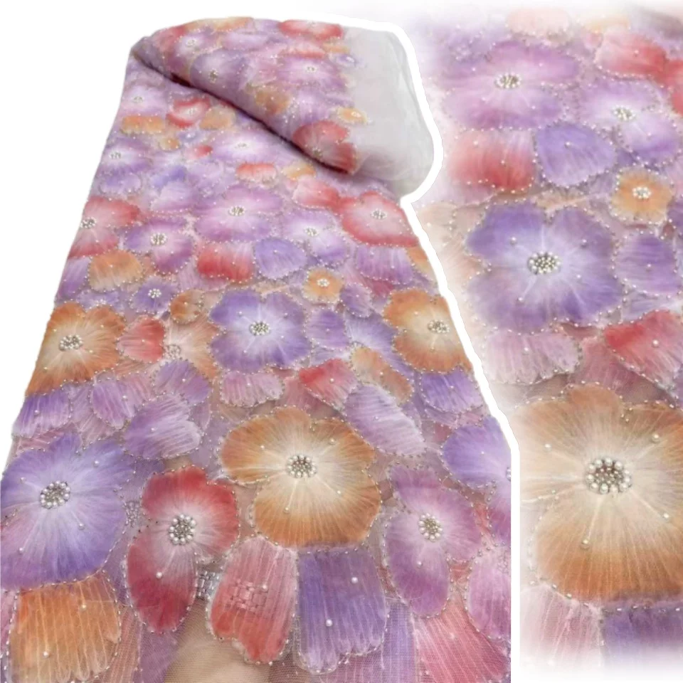 

5 Yards Luxury 3D Flower French Net Lace with Sequins Latest Nigreian Beads Tulle Lace Embroidery Fabric for Wedding Dress S1487