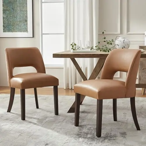 Modern Dining Chairs Set of 2 with Rubberwood Legs, Brown | Faux Leather, Curved Back, For family, Kitchen Dining Room