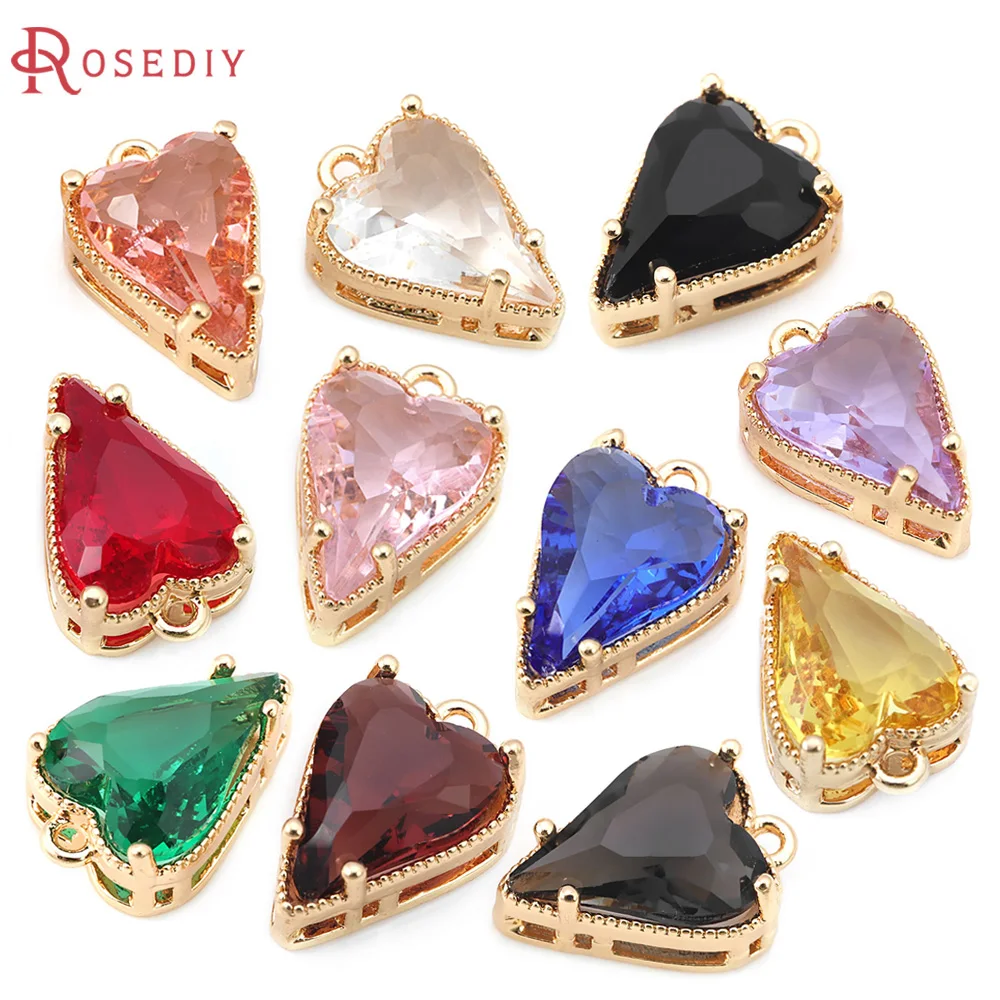 10PCS 18K Gold Color Brass and Glass Heart Charms Pendants High Quality Jewelry Making Necklace Earrings Accessories for Women