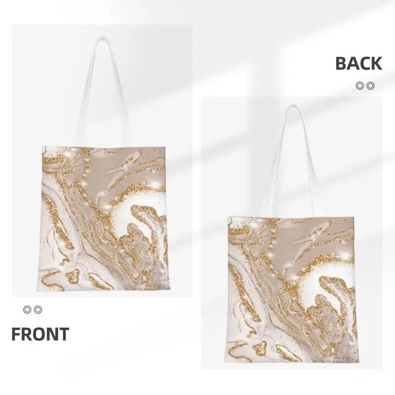 Fashion Gold And Cream Marble Pattern Shopping Tote Bags Recycling Geometric Grocery Canvas Shoulder Shopper Bag