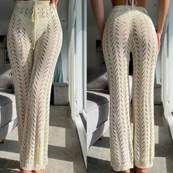 BKLD Beach Wear Straight Pant Vacation Outfits Clothes For Women Knitted Hollow Out Lace-Up Causal Trousers Solid Color