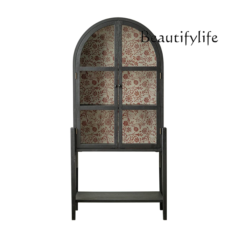 French antique style high-footed display cabinet, living room against the wall, small apartment, glass door,, decorative storage