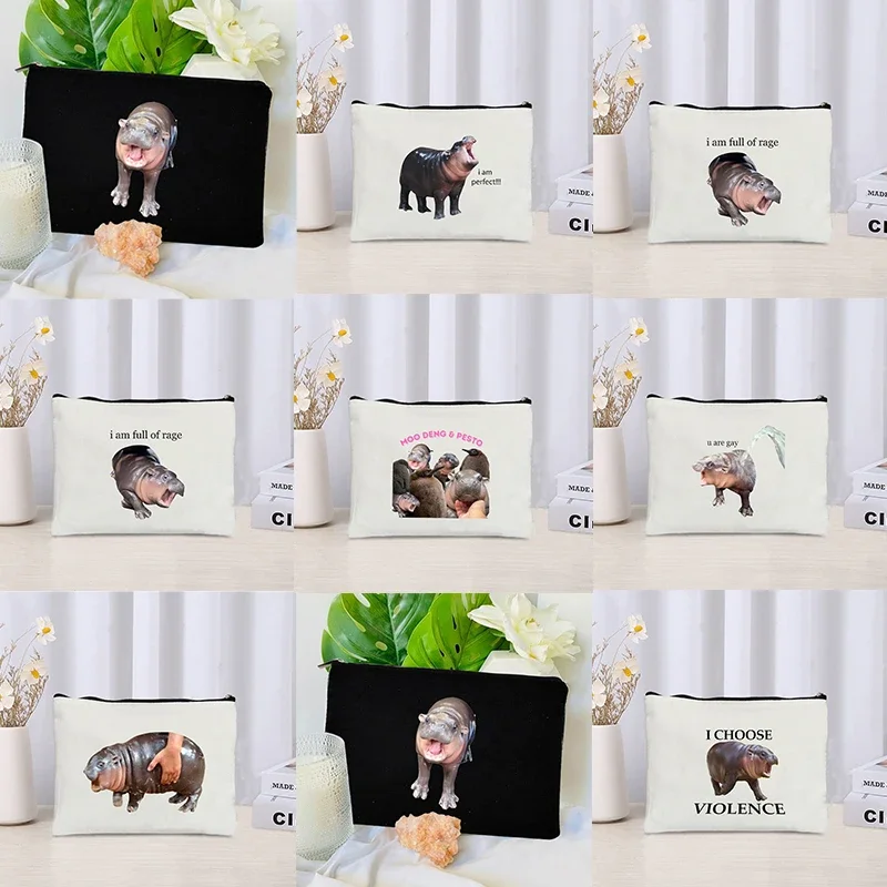 Cute Moo Deng Baby Ippopotamo Funny Meme Zipper Makeup Bag Divertente  Cosmetic Kit Internet Popularity Hippo Print Pencil Case