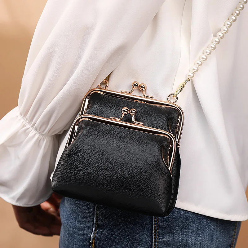 Elegant Women Coin Purses PU Leather Girls Wallet with Pearl Shoulder Strap Large Capacity Card Holder Student Money Bag