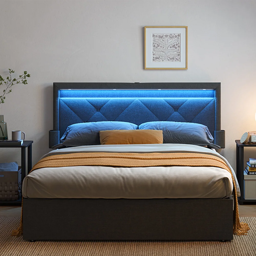 Upholstered Bed with Headboard  Bedroom Furniture set Full Size Modern Electric USB LED Bed with 4 Storage drawers