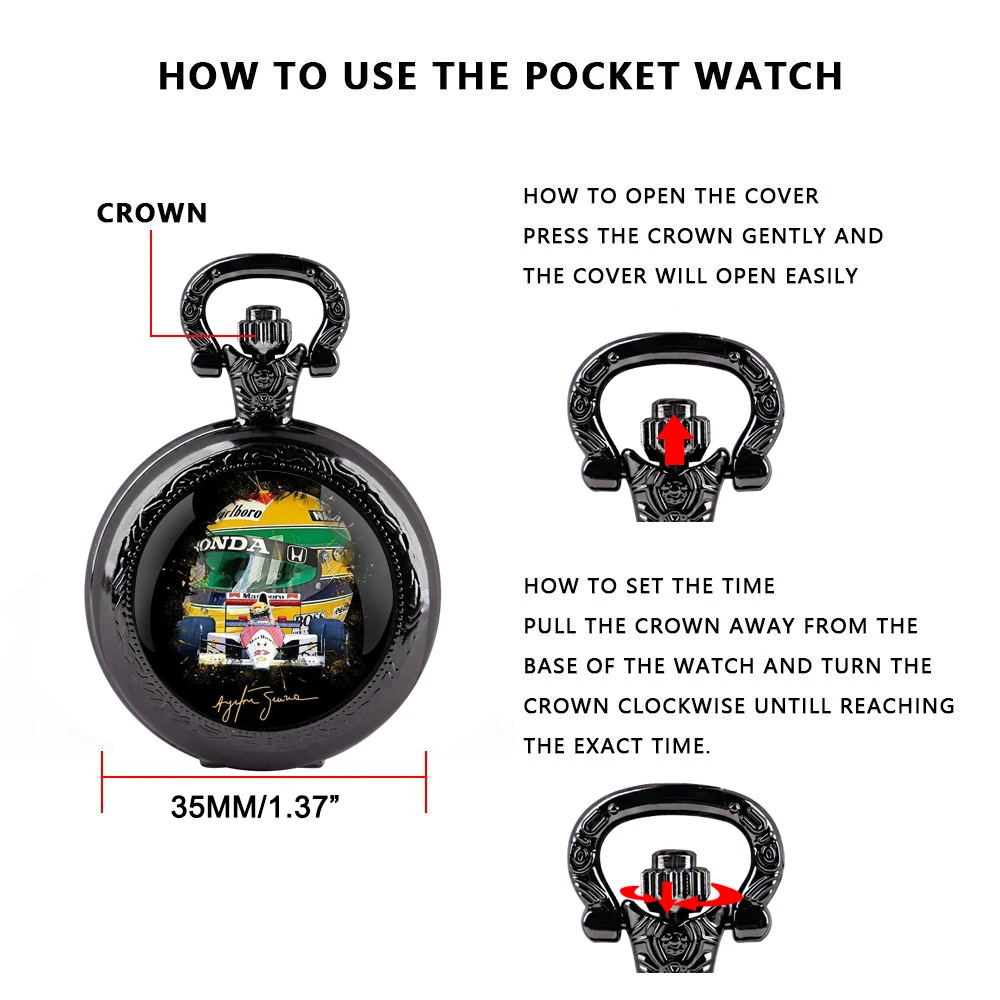 Handcrafted Classic Racing Driver Glass Dome Quartz Pocket Watch Necklace Unisex Accessory Gift