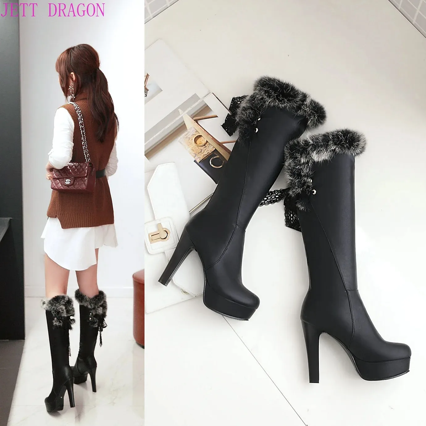 New Fashion Fur Knee High Boots Women\'s Round Toe Winter Boots High Heel Long Boot Keep Warm Shoes Women Stilettos Bottes White