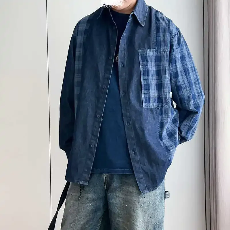 Japanese Style Loose Shoulder Sleeves with Spring Autumn Checkered Patchwork Denim Long Sleeved Shirt for Men and Women