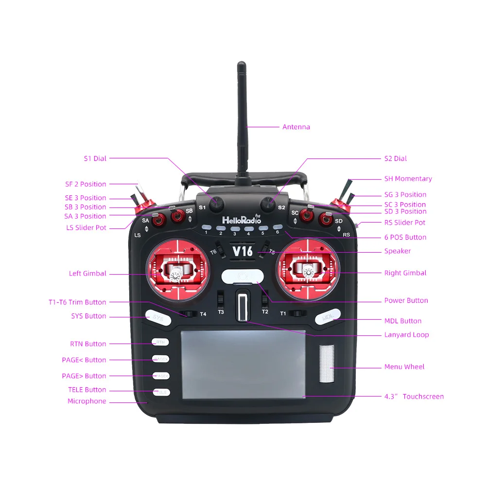 HelloRadio V16 MAX Radio Transmitter - ELRS 2.4GHz 100mW CNC Hall Metal Rocker for Model Aircraft Drone Remote Control