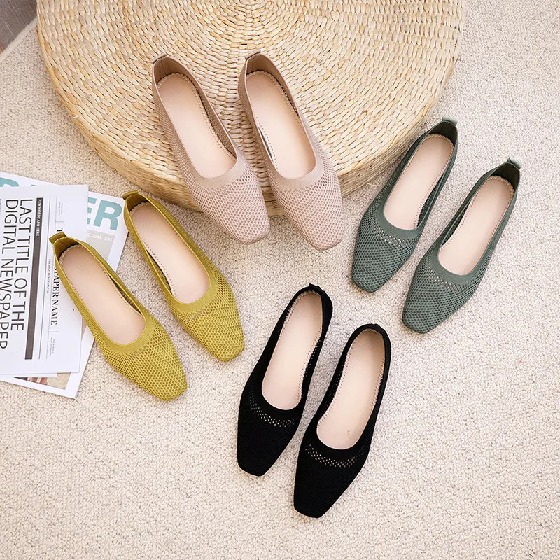 Spring Summer Women Flat Shoes Breathable Knit Low Heels Boat Shoes Slip-on Loafers