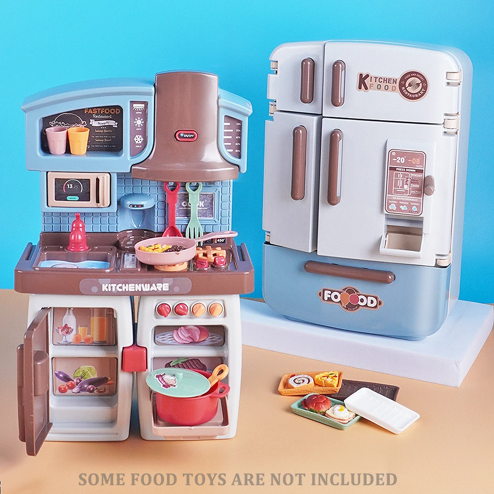 Mini Food Cooking Set Real Oven Realistic Meals Miniature Double Door Refrigerator Kids Kitchen Set With Music And Lights Play