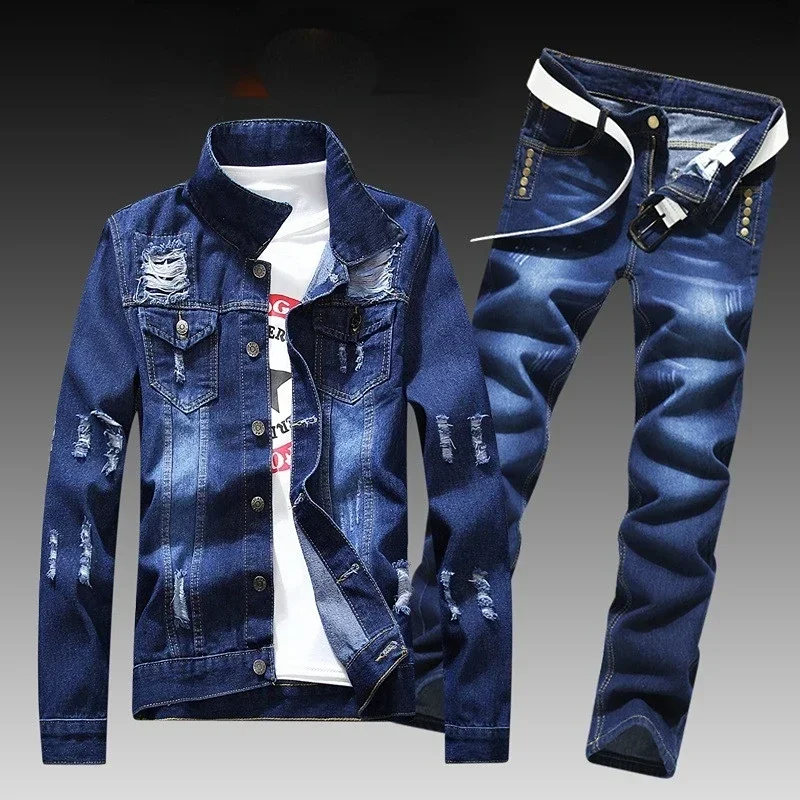 2024 New Fashion Men's Casual Denim Coat with Long Pants A Suit Korean Version of The Trend Handsome Jacket Men's Waistcoat