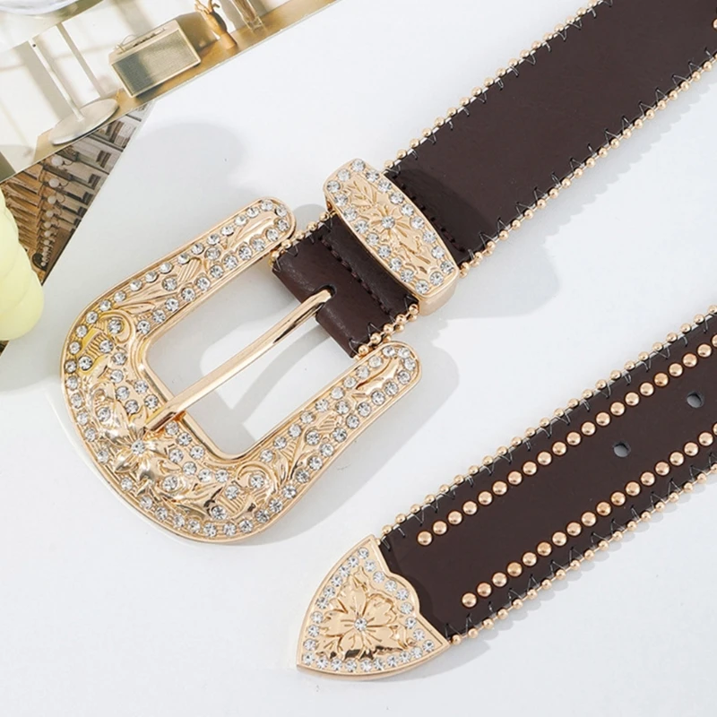 

Rock Rhinestone Adult Waist Belt Luxurious Waist Belt Fashion Belts with Relief Pattern Buckle Belt for Nightclub