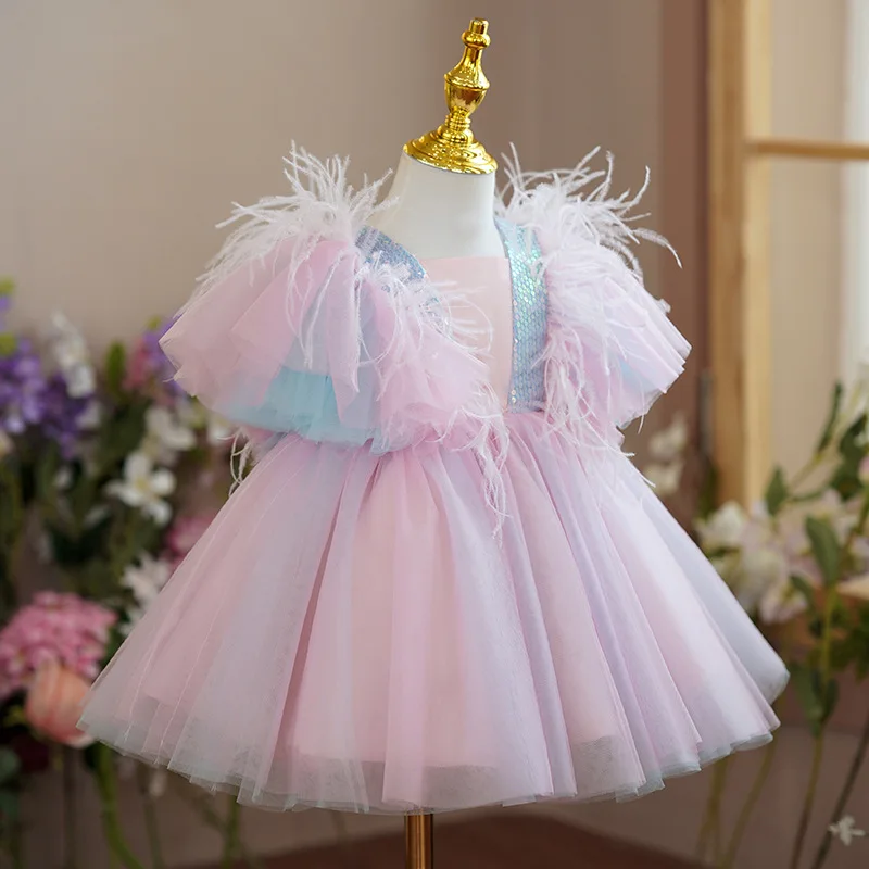 Ruffles Baby Dresses for Girls Kids Sequins Elegant Princess Dress for Wedding Party 1-5 Yrs Toddler Girls Birthday Ball Gowns