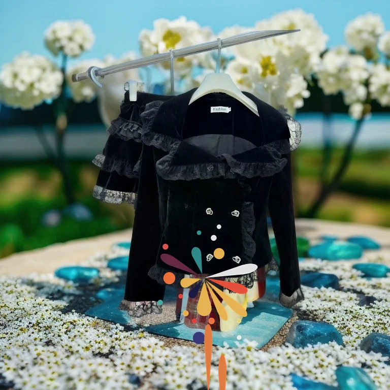 

Japanese Retro Subculture Gothic Lace Double-Breasted Long Sleeve Jacket and High Waist Skirt Sweet Girl Black Versatile Set