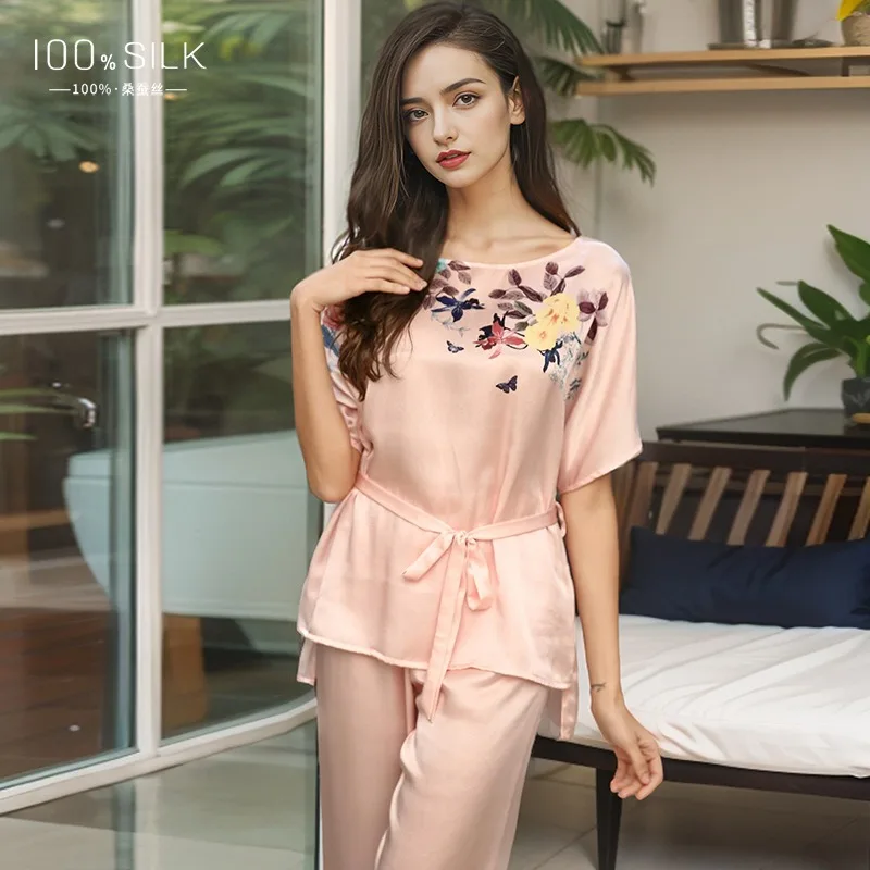 2026 Spring Summer Women's New 100% Mulberry Silk Short Sleeve Pajama Set Cool Two Piece Lounge wear Trousers XXL Size Soft Cozy