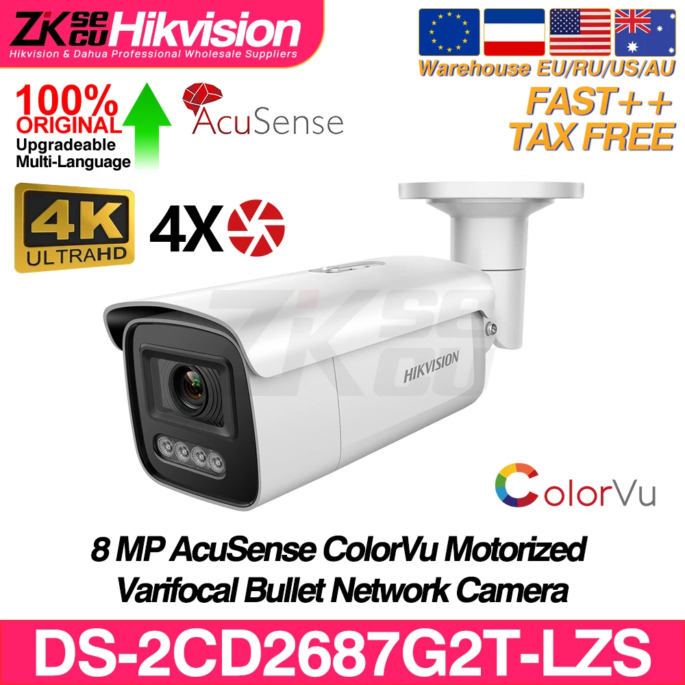 Hikvision Original DS-2CD2687G2T-LZS 8MP 4K ColorVu AcuSense 4X ZOOM Motorized Varifocal SD Slot POE Alarm I/O CCTV IP Camera