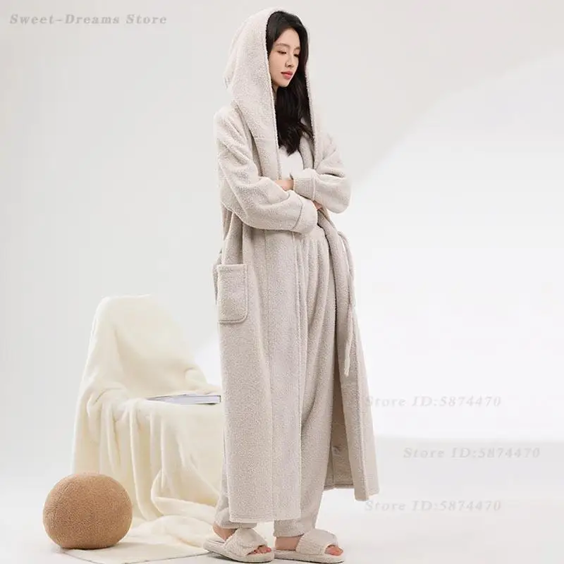 

Winter New Long Robe Trouser 2PCS Pajamas Set Thick Hooded Kimono Bathrobe Female Sexy Home Clothes Coral Fleece Warm Sleepwear