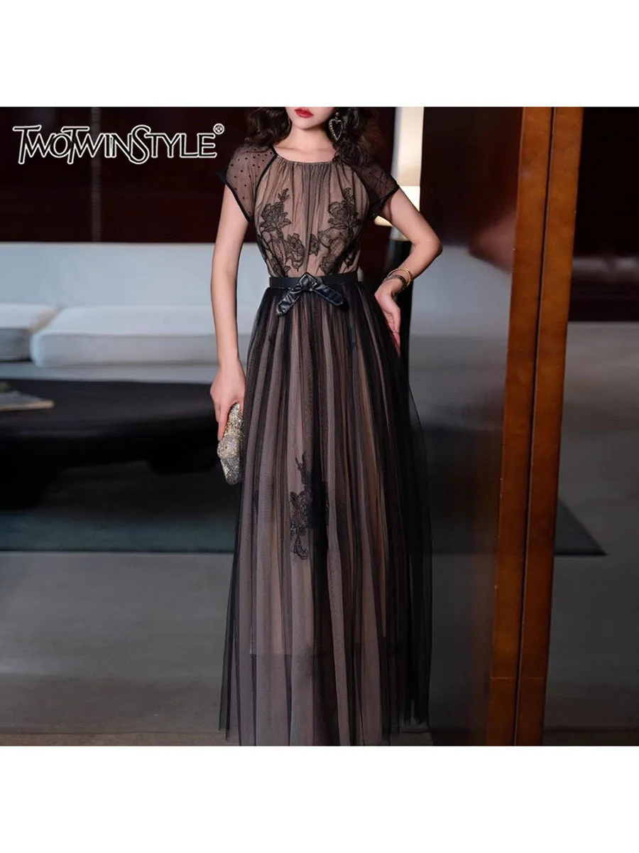 

TWOTWINSTYLE Solid Printing Spliced Mesh Dresses For Women Round Neck Short Sleeve High Waist Patchwork Folds Dress Female New