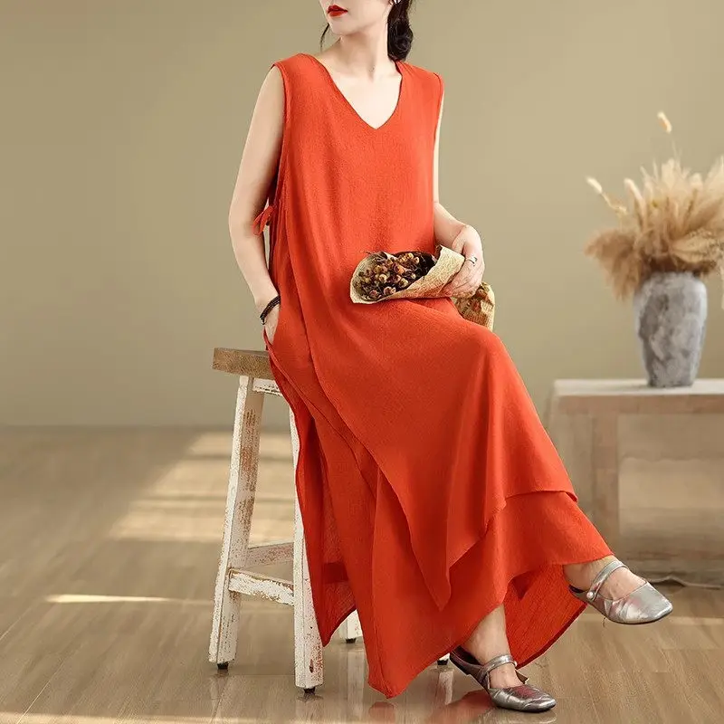 Women's Summer Chinese Style Premium Cotton-Linen Blend Dress - Light Luxury V-Neck Vest Dress, Oversized Bohemian Dress G375