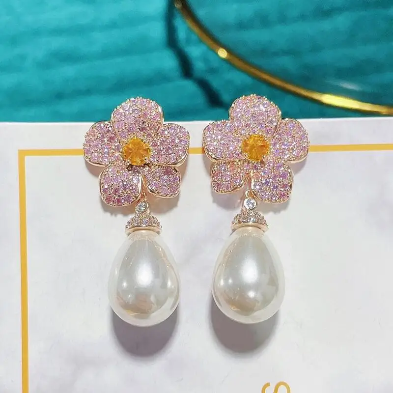 

Fashion Flower Pearl Earring Wedding Cubic Zirconia Jewelri Luxury Anniversary Women Dangle Earring