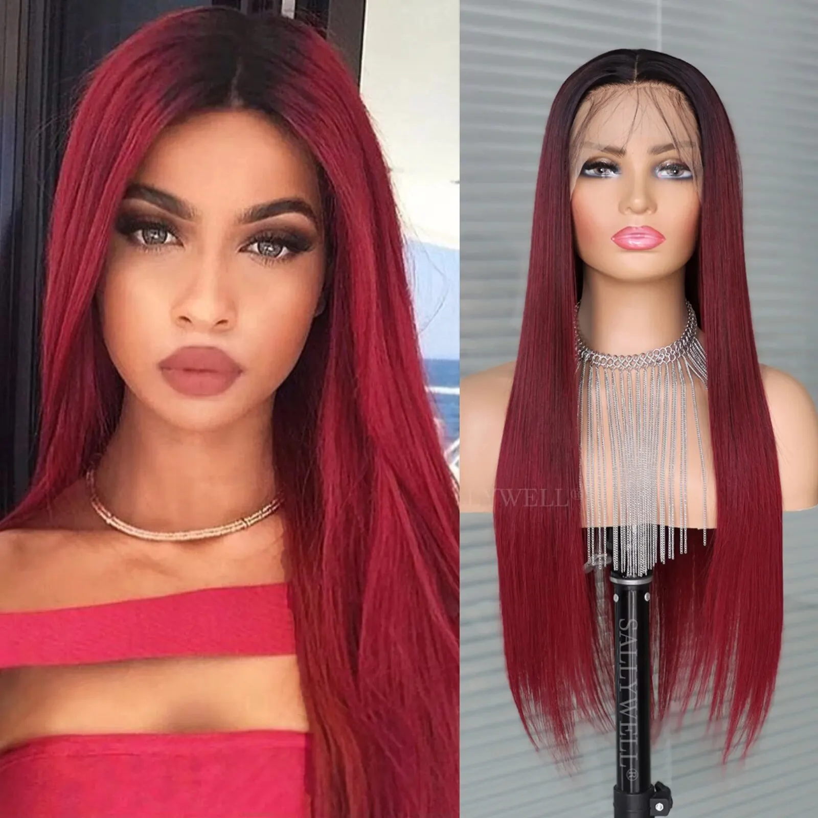 

Бордовые 13x 4 парики фронта шнурка Длинные прямые винно-красные 3T цвет парик с естественной линией волос термостойкие волокна волос синтетический парик