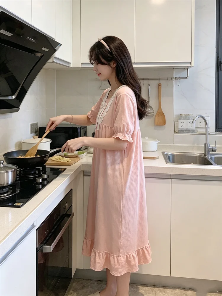 Women's Retro Summer Pajamas Dresses Sleepwear Sweet  Night Dress Women Nightgown Short Sleeve Lingerie Lace Patchwork Nightie image 2
