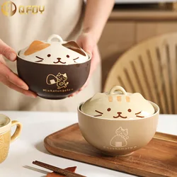 cute cat ceramic bowl  with Large capacity cover Personality home soup bowl Student noodle bowl with lid Japanese cutlery