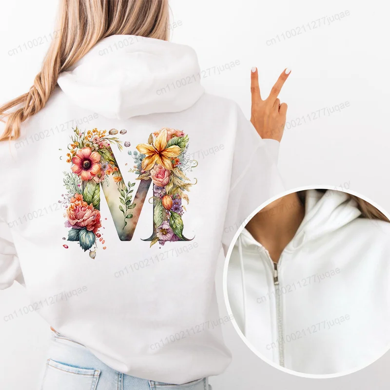 ألوان مائية زهرة نباتية حرف A ~ Z جرافيك موضة زمم هوديي المرأة الخريف Harajuku Y2K الملابس الإناث البلوز السترات #3