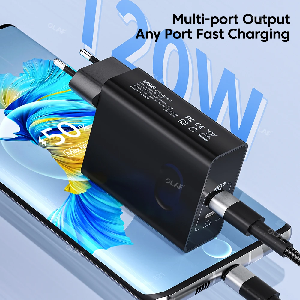 Olaf 120W GaN USB PD Charger Fast Charging Type C Mobile Phone Quick Charging USB C Power Adapter For iPhone 13 Xiaomi Samsung