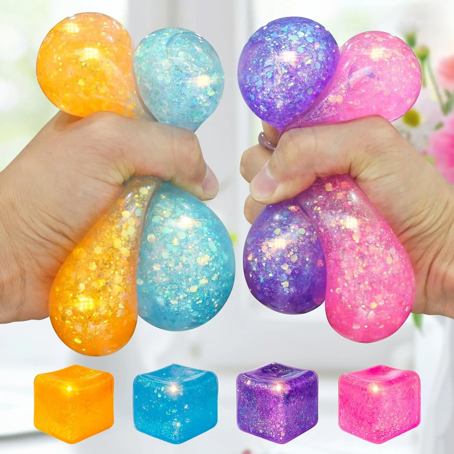 4Pack Glitter Nice Square Stress Cube, Colorful Ice Cube Stress Balls for Adults - Gel Ice Cubes Squishy’s Gifts for Kids - Reli