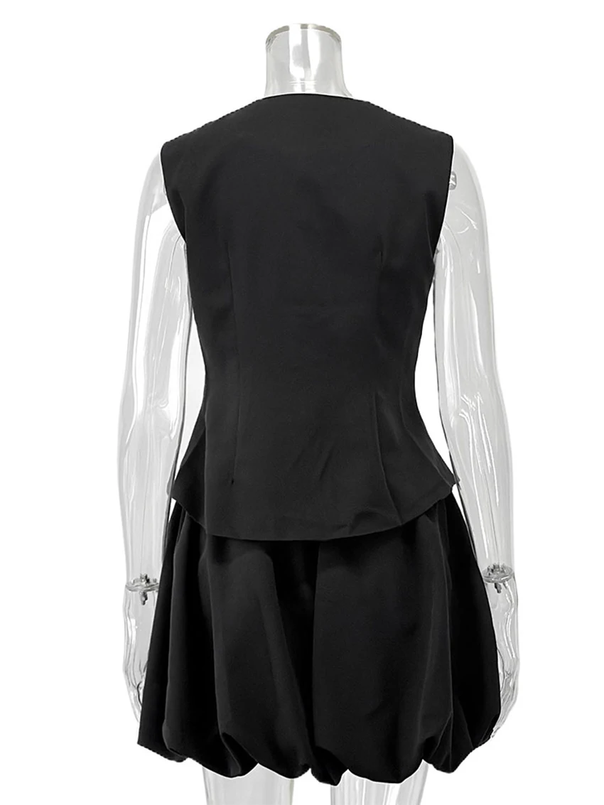 Parc Fee Summer Loose Black Women Two Pieces Set 2025 Fashion Sleeveless Tank Top With High Waist Pleated Mini Skirt Set Female