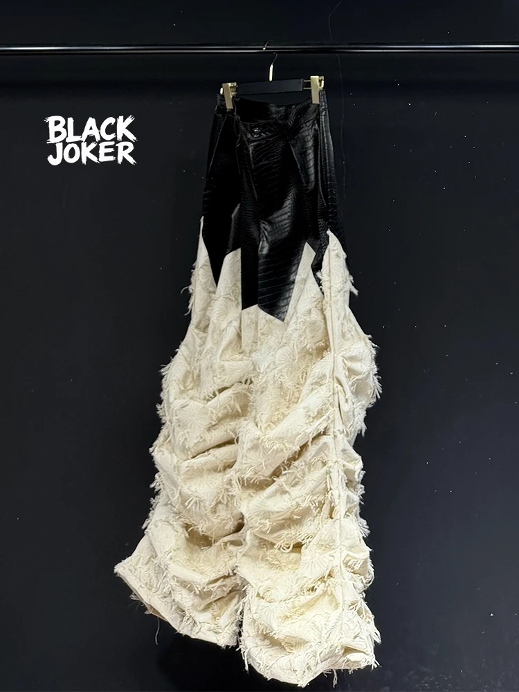 BLACK JOKER Original Design New Heavy Industry Tassel Faux Leather Stitching Loose Casual Wide Leg Pant unisex pants