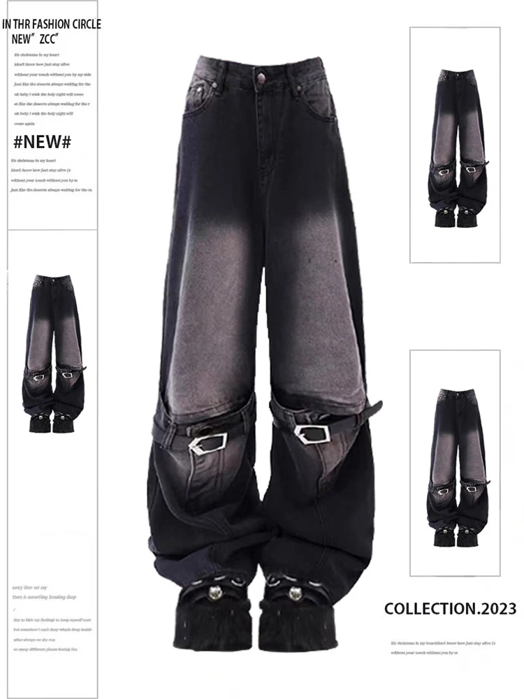 2023 Women's Vintage Black Gothic Jeans Y2k Wide Leg Denim Pants 2000s Punk Baggy High Waist Jeans Korean 90s Oversize Trousers