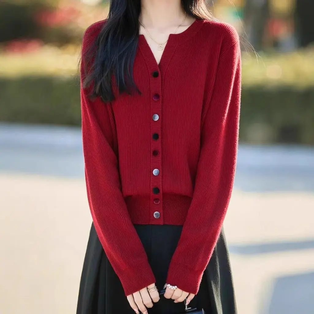 

Женский шерстяной вязаный кардиган на пуговицах, пальто, плиссированный повседневный свитер с круглым вырезом, весенне-осенний новый топ