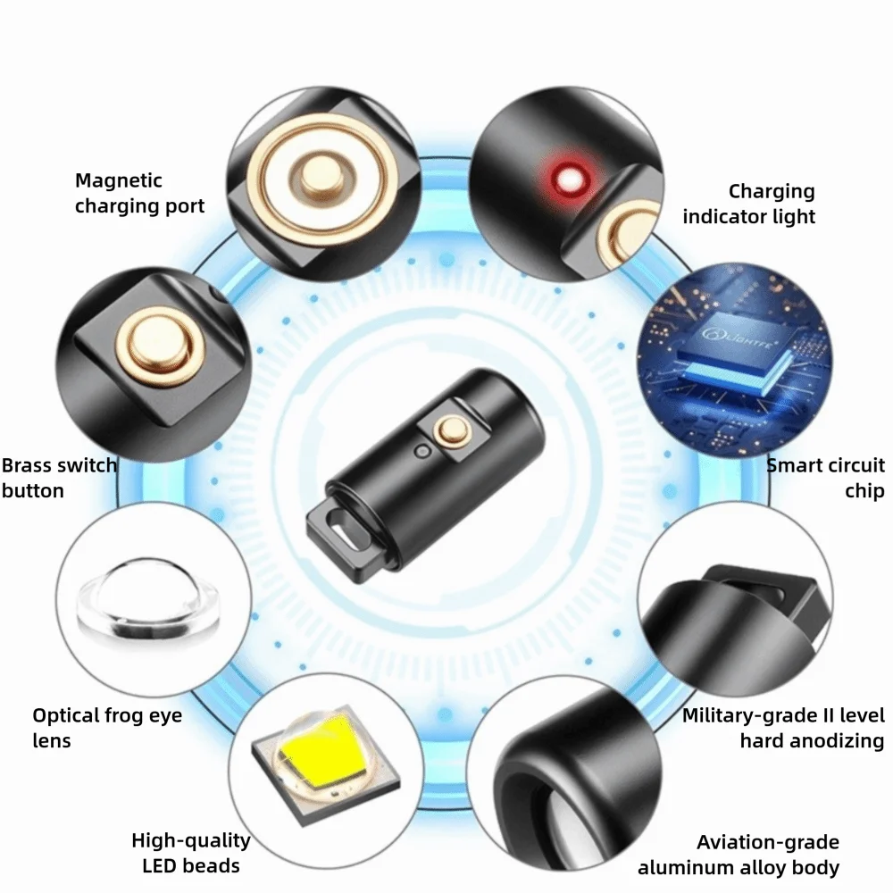 6g Mini Flashlight Keychain 6-Mode Strobe Sos USB Magnetic Charging Ultra-Thin Flashlight Camping Lantern Running Hiding
