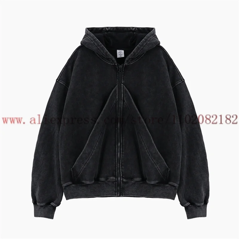 High Street Retro Washed Vintage Hooded Zipper Hoodie Men Women Best Quality Heavy Fabric Sweatshirt Oversized Pullovers