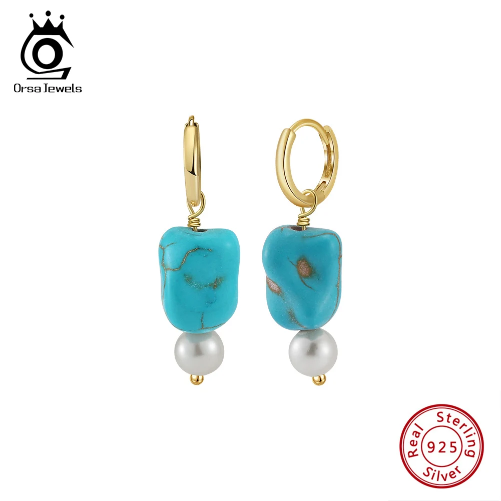 

ORSA JEWELS Unique Natural Stone Earrings 925 Sterling Silver Irregular Turquoise Drop Earrings for Women Party Jewelry GME50