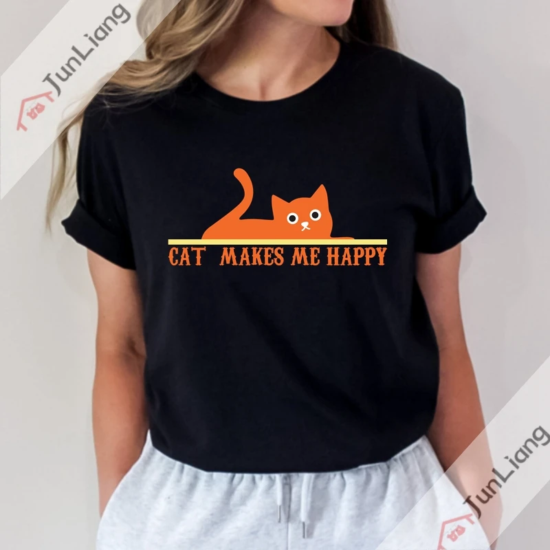 Cat Makes Me Happy Women's T-shirt Kpop Tops Harajuku Streetwear Goth Clothes Y2k Clothing Sportswear Man Men Graphic Shirts