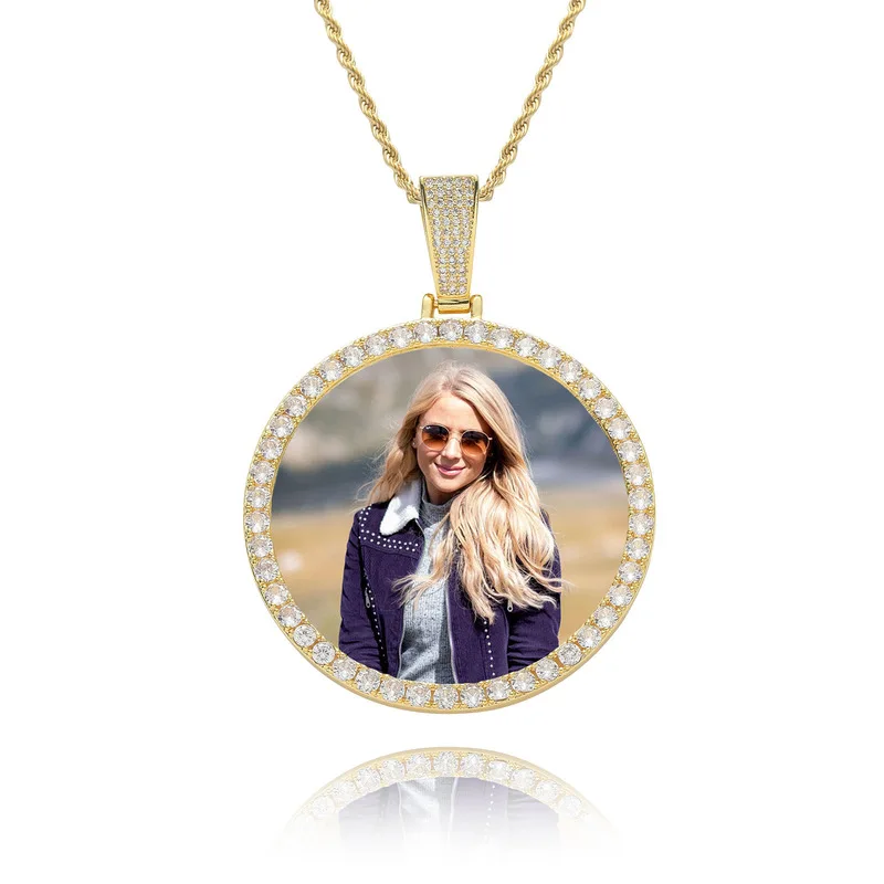 Brass Rhodium Plated Zircon Round Photo Memory Frame Locket Pendant Necklace Trophy Jewelry Gold Silver Rose Gold