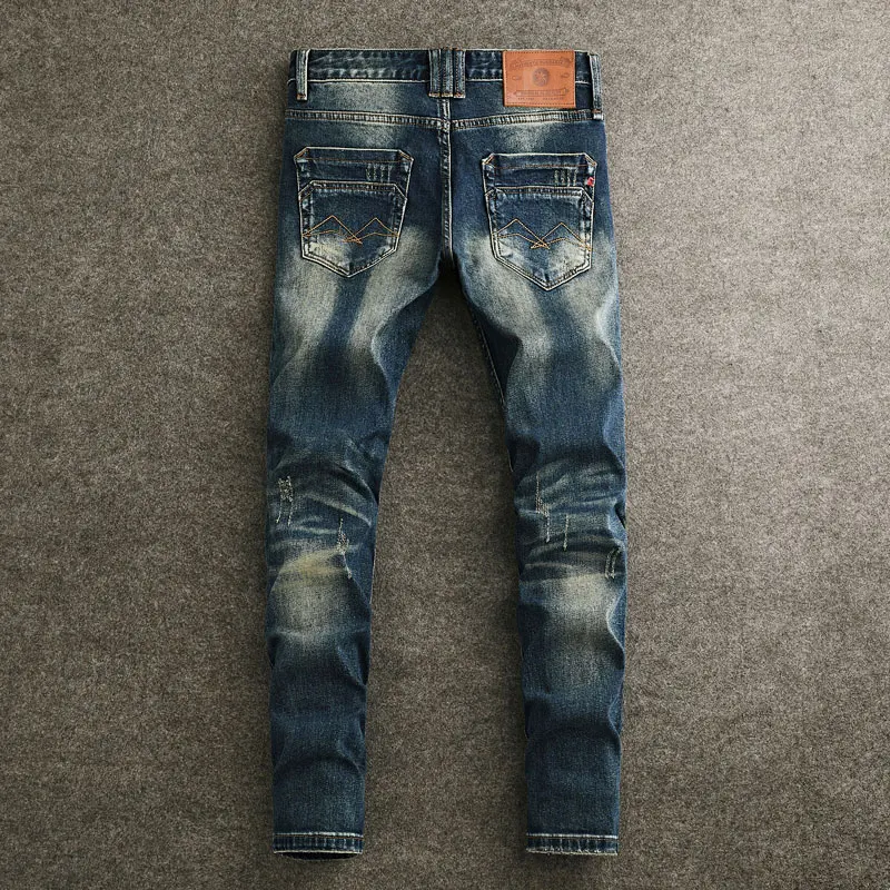 street fashion men's washed blue jeans, retro elastic slim fit corrugated jeans, men's embroidered patch designer retro den