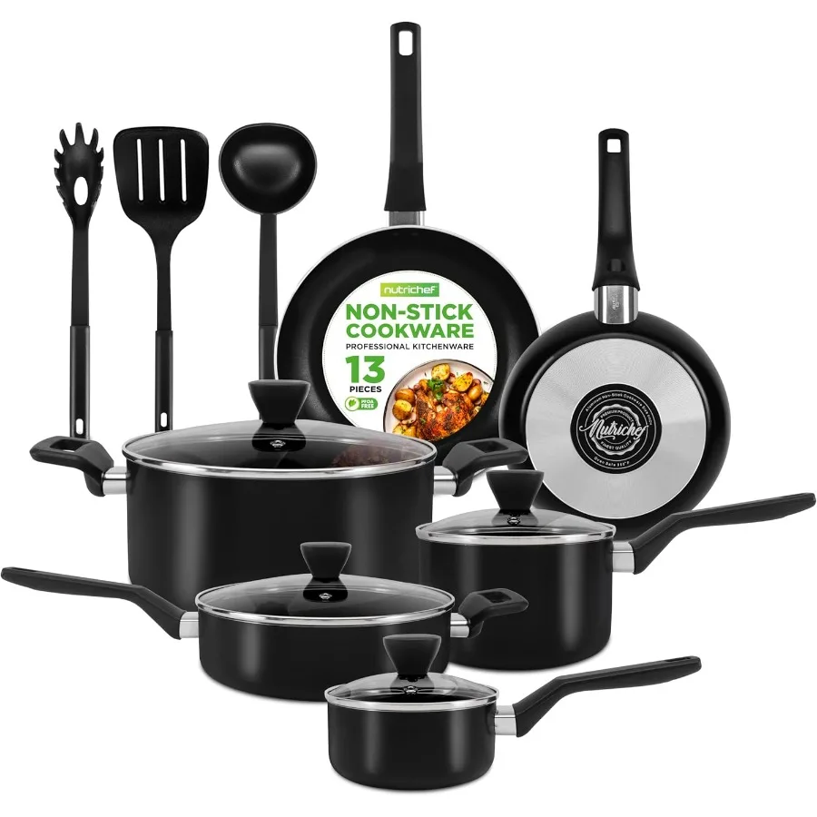 

13Piece Nonstick Cookware Heat Resistant Kitchen Ware Set w Saucepan Frying Pans Cooking Pots Casserole Lids Ladle Fork Straine
