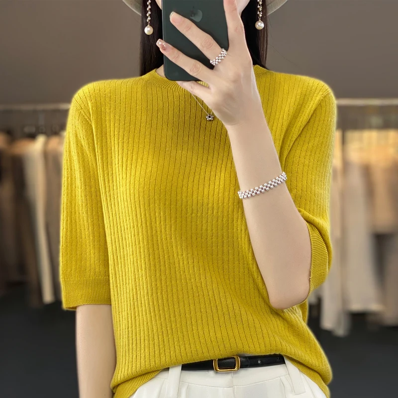 2023 Summer Women\'s Short Sleeve Women\'s Cashmere Short Sleeve T-shirt Pullover Women\'s Knitted Sweater T-shirt Top