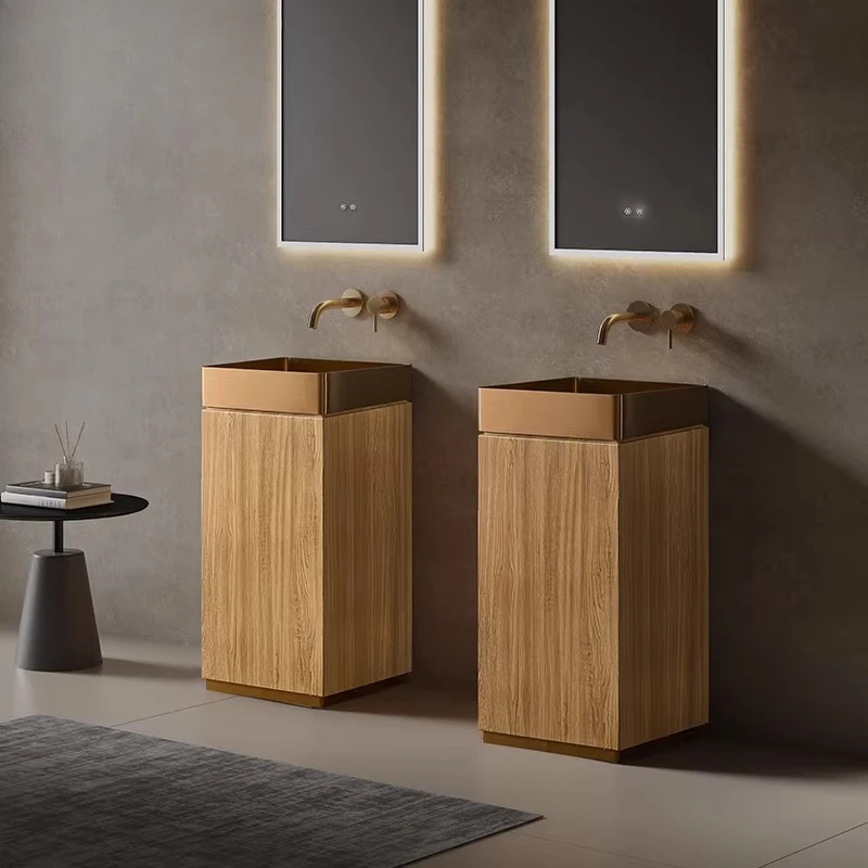 

Minimalist medieval style stainless steel wood grain column basin vertical sink club creative art floor-standing washbasin