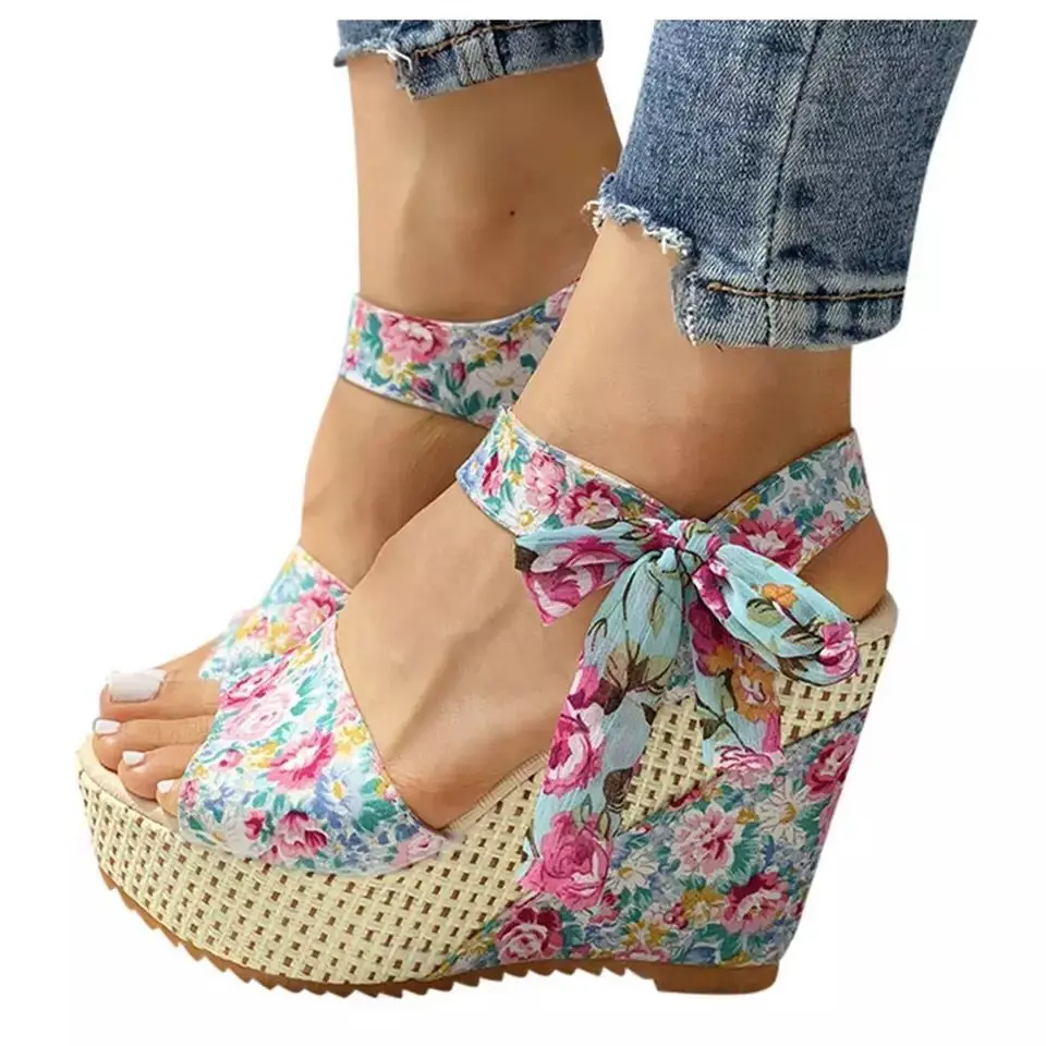 Hot Lace Leisure Women Wedges Heeled Women Shoes 2022 Summer Sandals Party Platform High Heels Shoes Woman