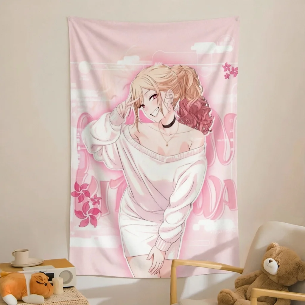 1pc M-Marin K-Kitagawa Pink Pastel Tapestry Gradient Hair Flower Print Polyester Wall Hanging Y2K Kawaii Decor Bedroom Dorm