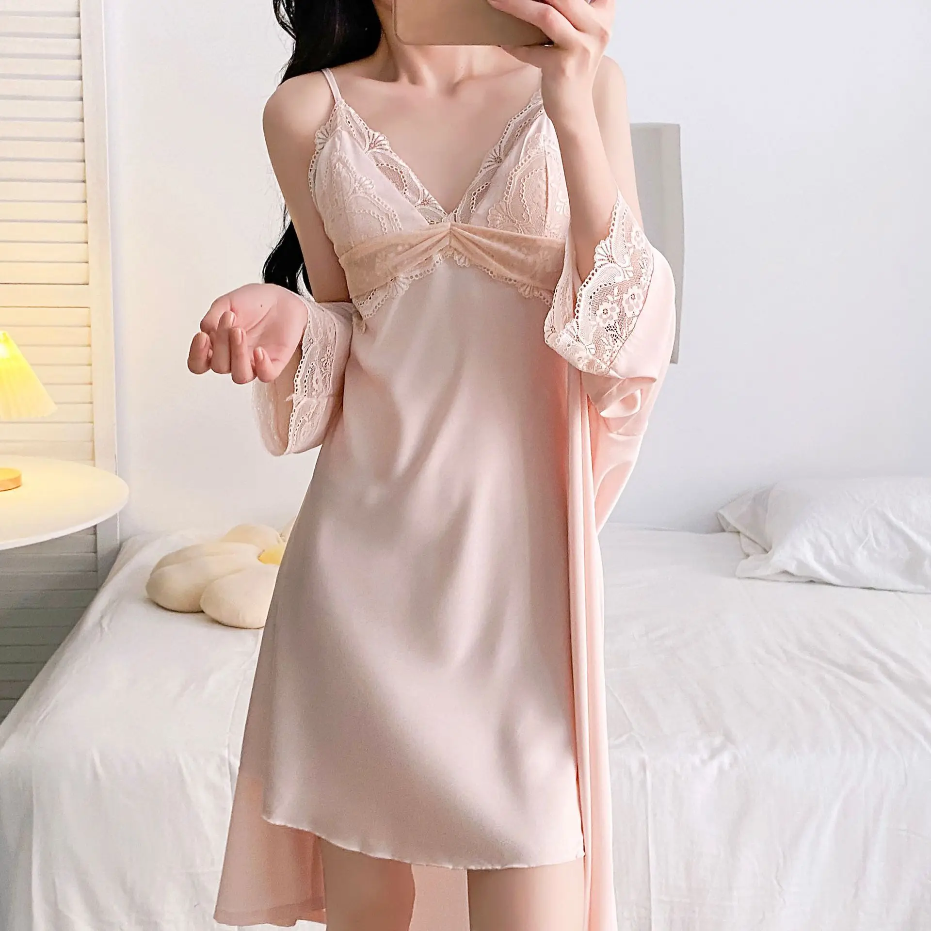 

Two-pieces Robe Gown Set Women Lace Bathrobe Nigthwear Summer Sexy Suspender Nightdress Rayon V-Neck Kimono Sleepwear Lingerie
