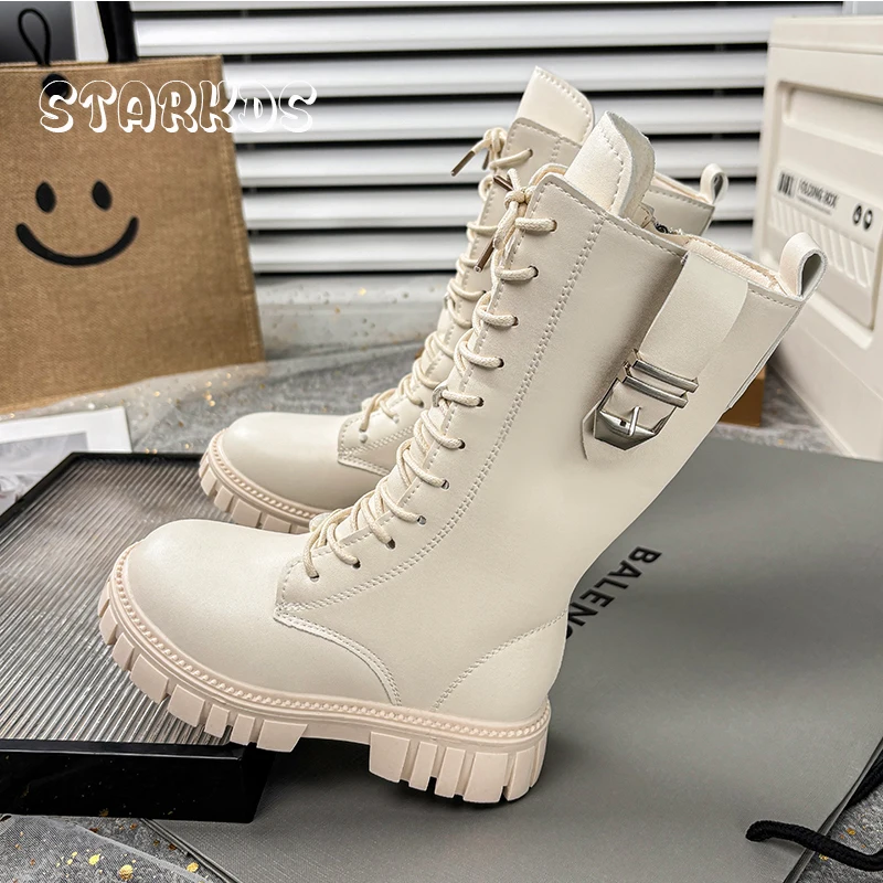 

Winter Warm Plush Knee High Boots Kid Girl Brand Design Buckle Strap Zip Knight Boots Child Round Toe Lace-up Thick Sole Boots
