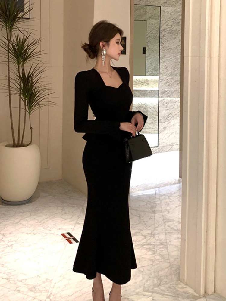 Women Clothes Black Outfits Elegant Lady Mujer Ruffle Square Neck Tops Shirt Blouse And Fishtail Long Skirt 2 Pieces Set Formal